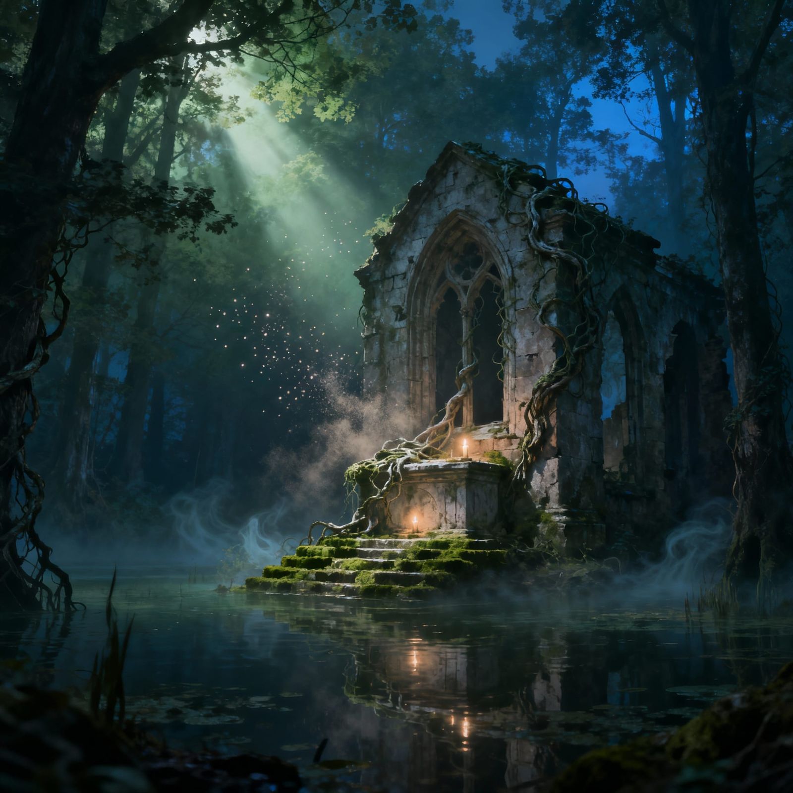 Ruined Chapel in Forest Swamp at Twilight