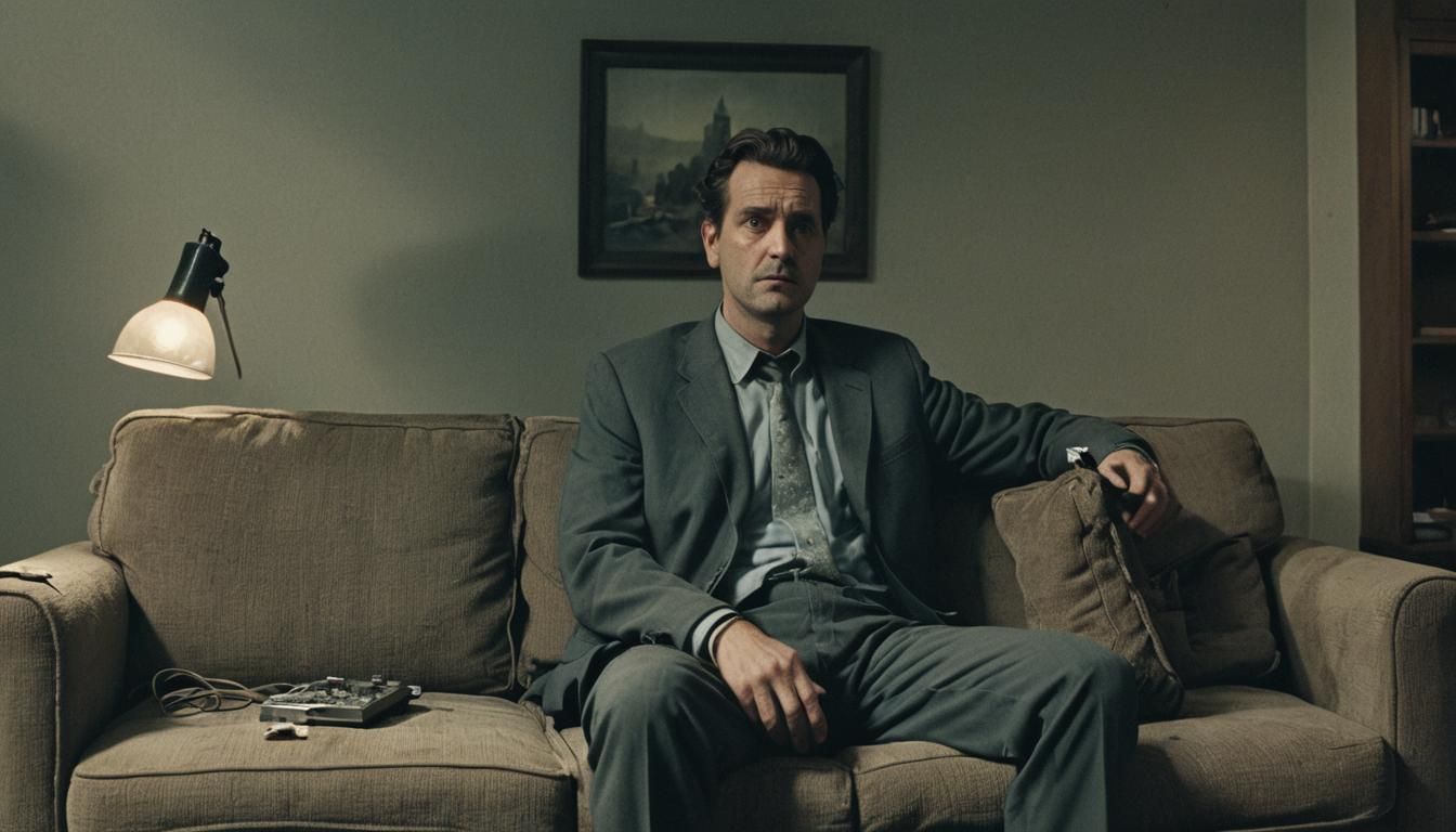 Salesman Stares at Broken TV in German Expressionism