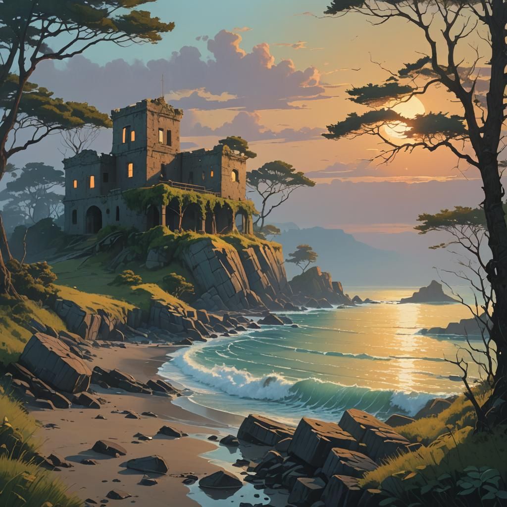 Golden Sunset Illuminates Serene Ocean, Art Nouveau Style