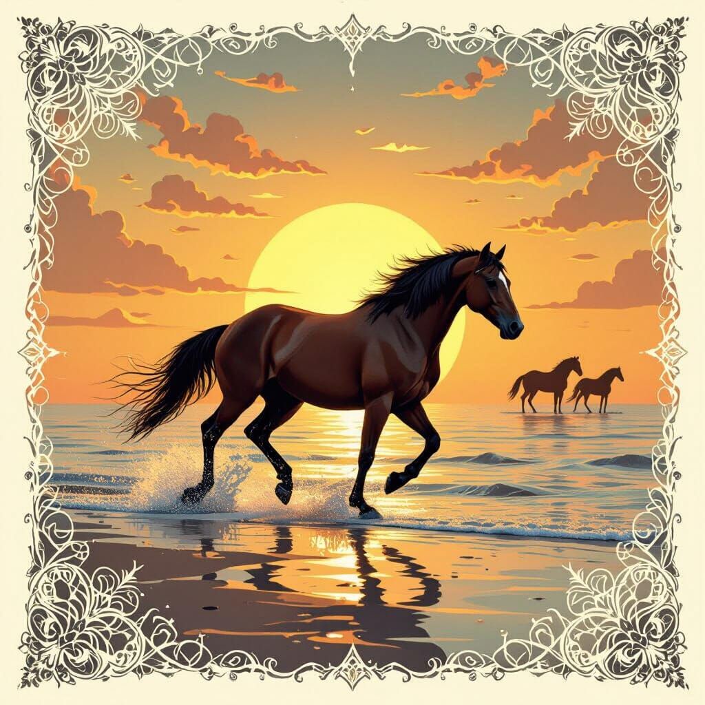 Galloping Horse Silhouette with Golden Sunrise and Fractals
