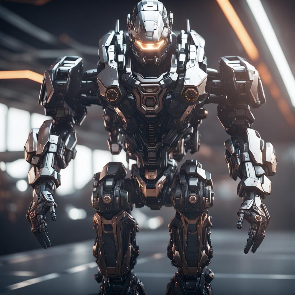 Man Driving Mech Suit in Sci-Fi Cityscape