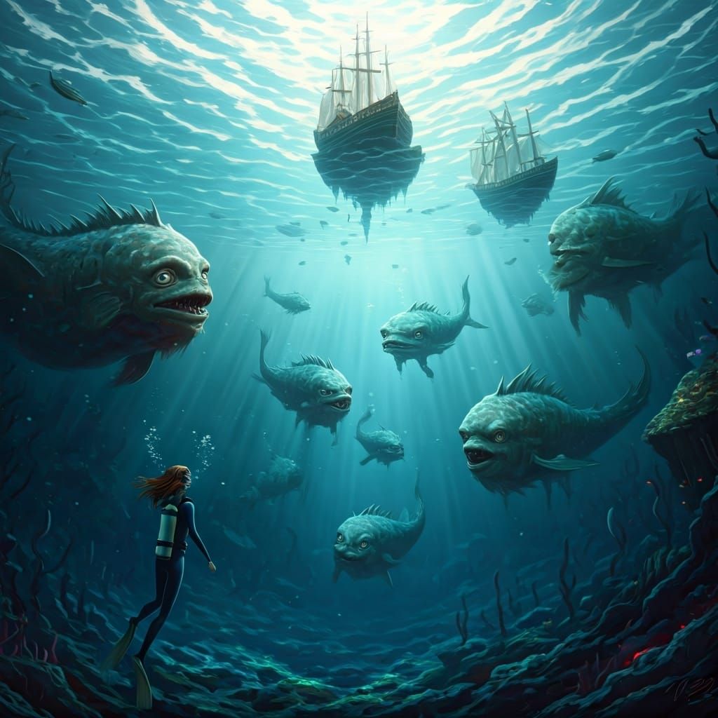 Underwater City with Sea Monsters in Surreal Style