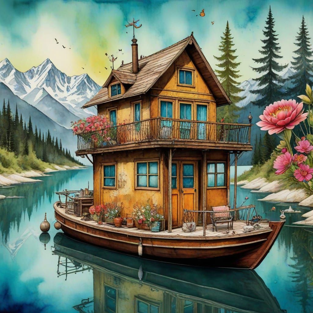 Surreal Watercolor Houseboat Masterpiece
