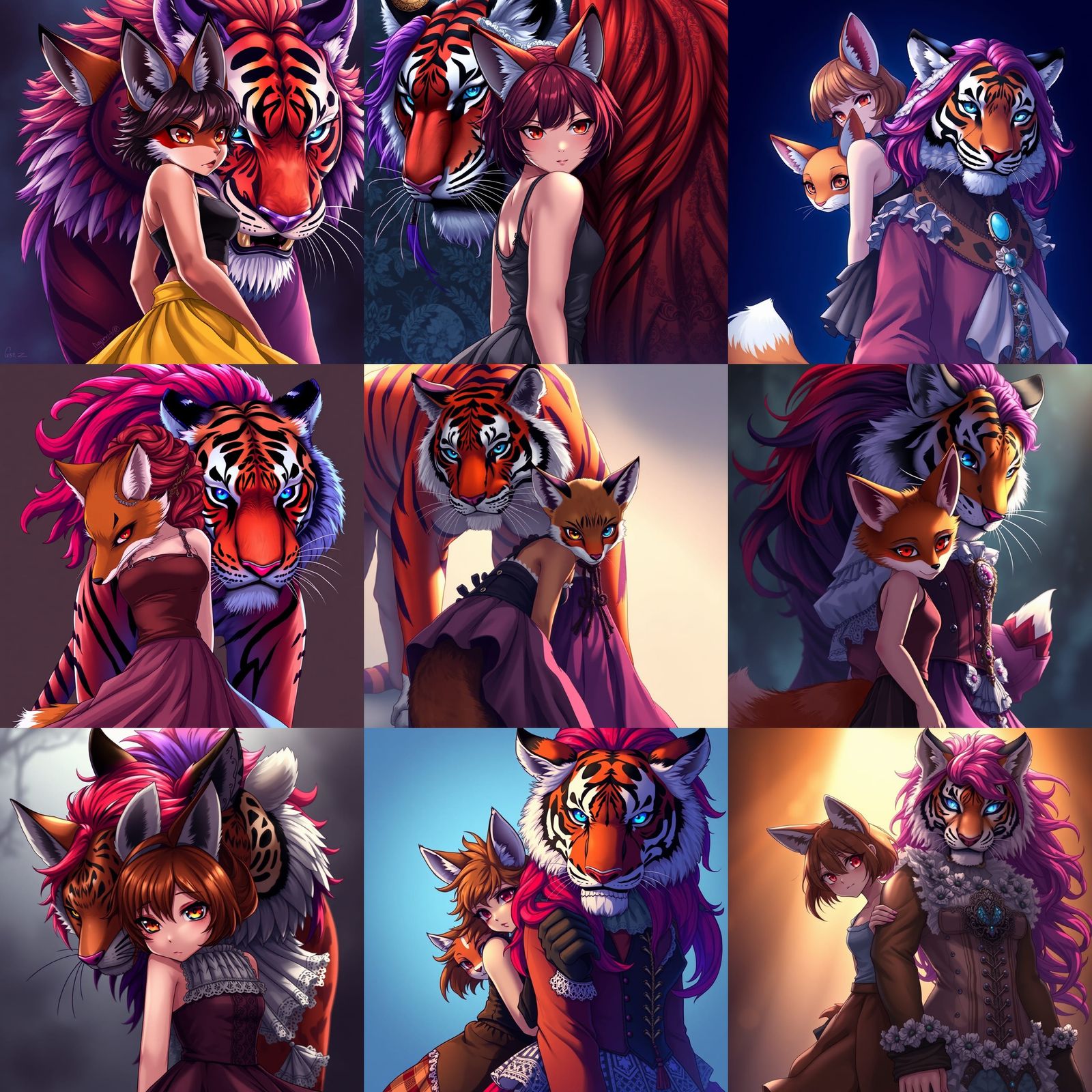 Foxgirl Hiding Behind Tigergirl in Cel-Shaded Anime Style