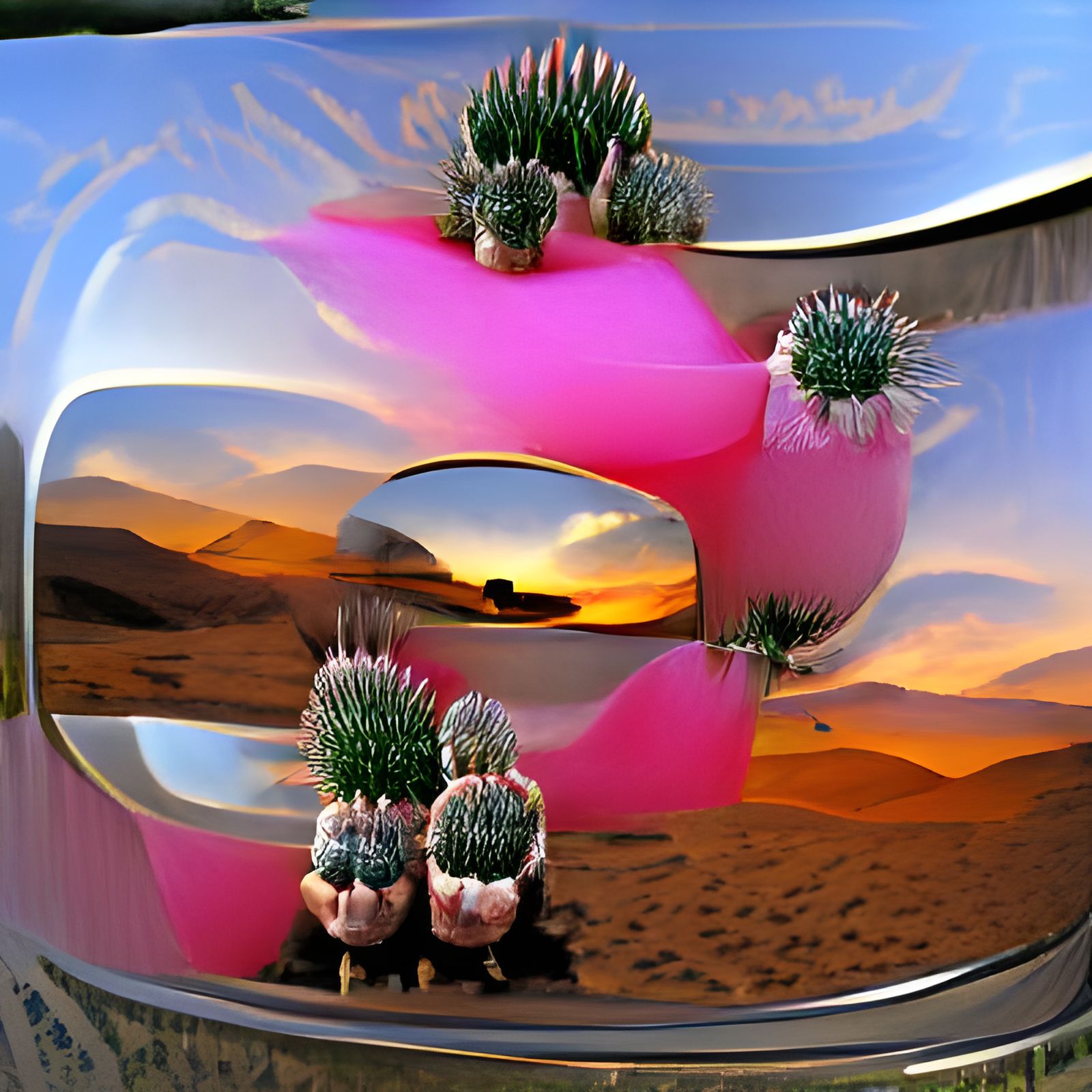 Surreal Desert Sunset Mirrored with Pink Flowers
