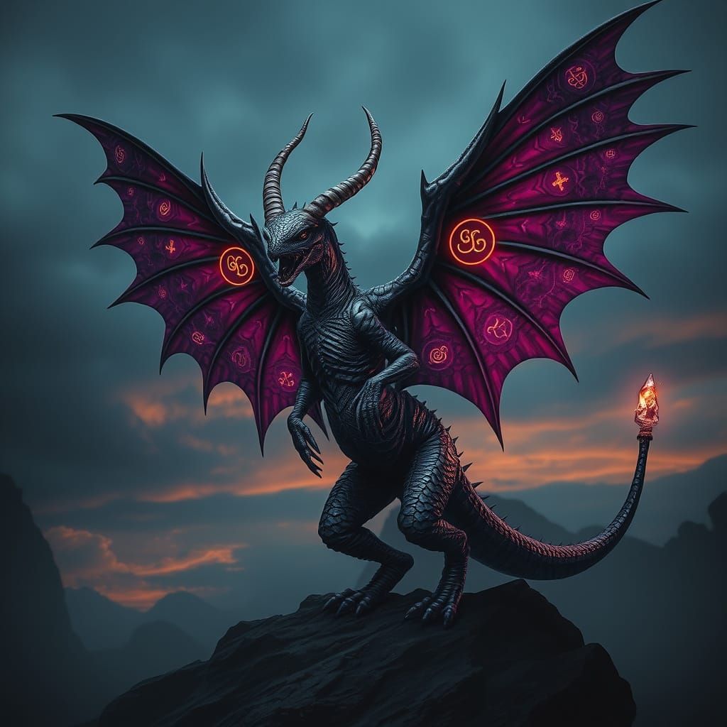 Dark Fantasy Dr. Pepper Creature with Wings and Horns in Twi...