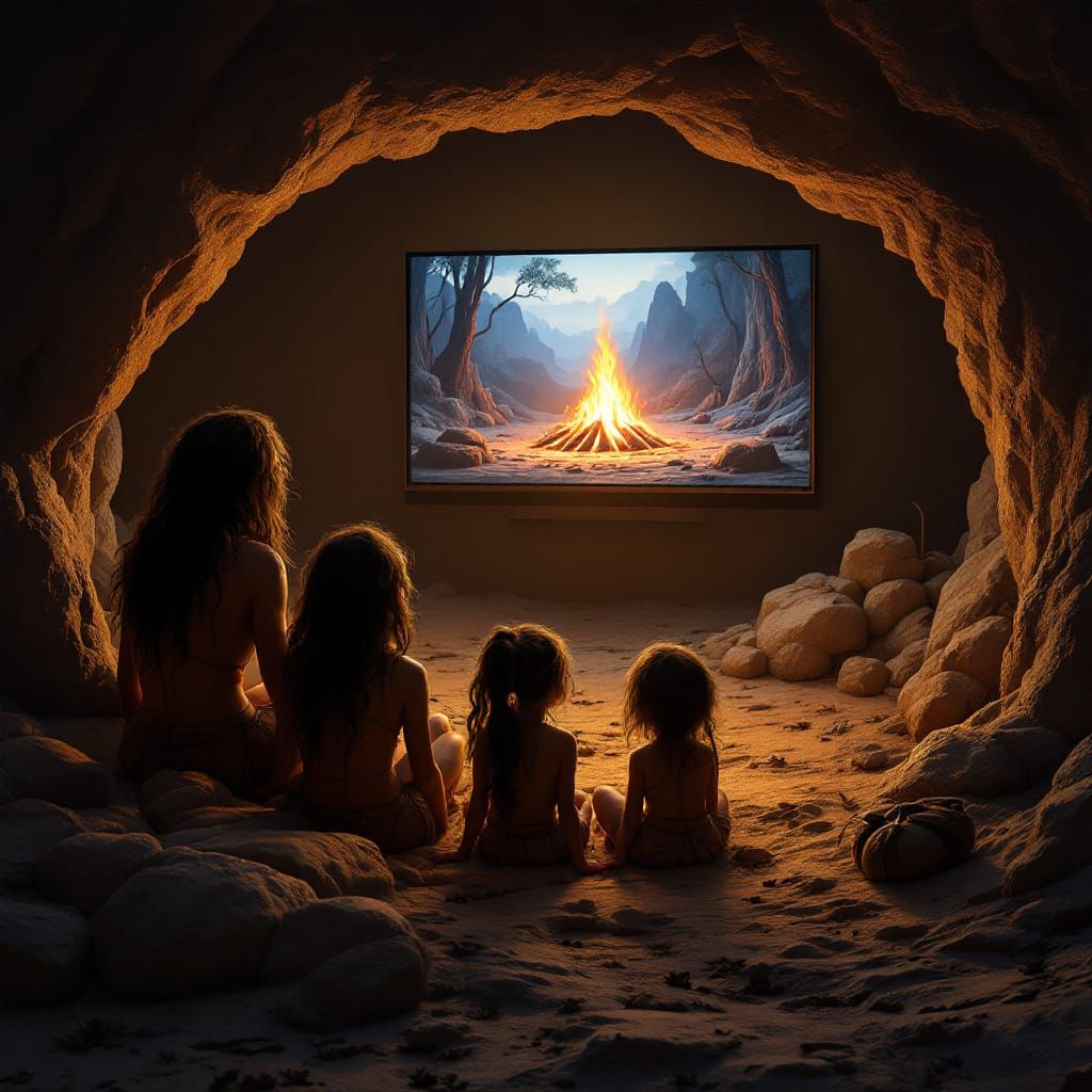 Cave Family Watches TV by Firelight