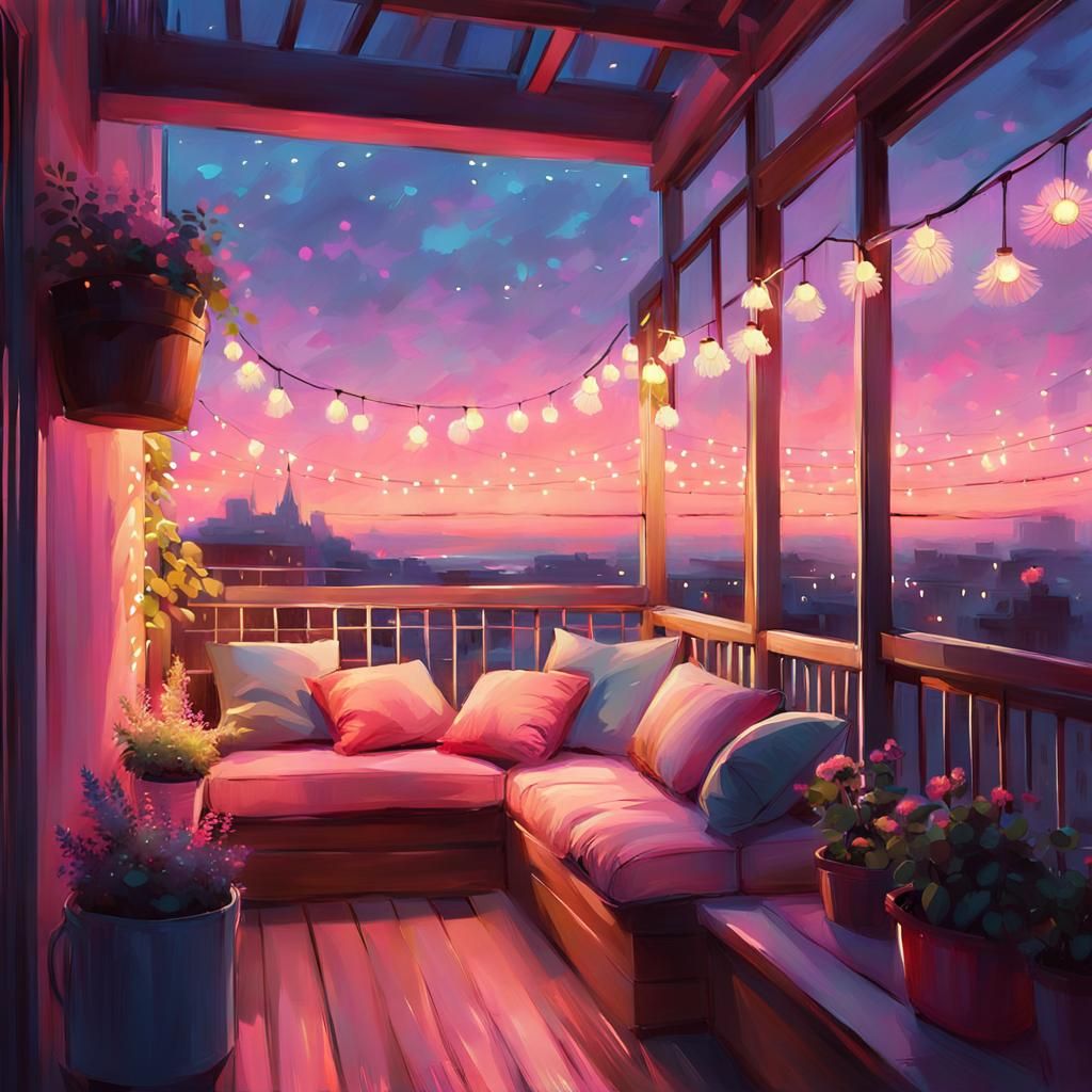 Radiant Balcony Scene with Fluorescent Lights