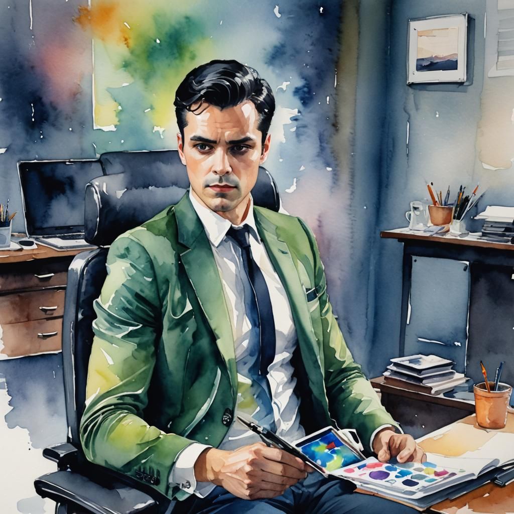 Man in Director's Office: Watercolor Painting