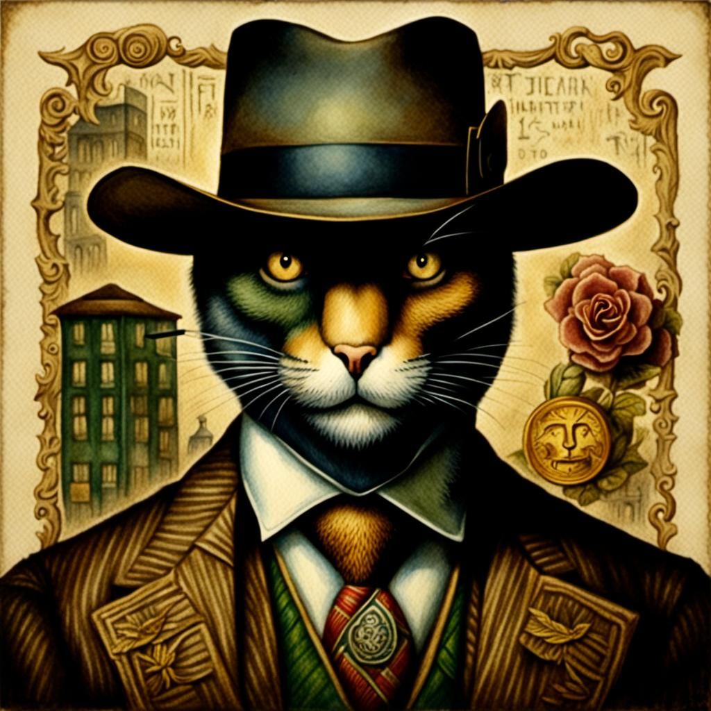 Mafioso Cat Portrait in Watercolor Style