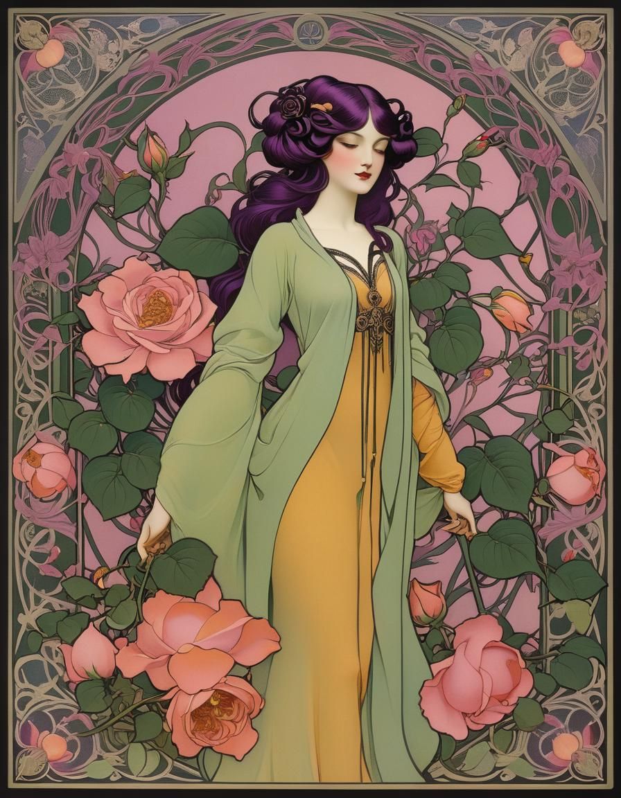 Art Nouveau Woman with Black-Rose Hair