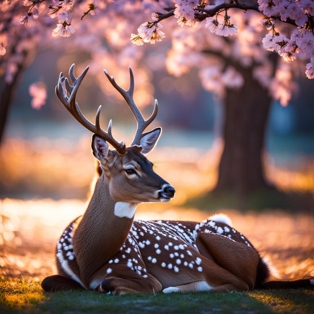 Deer Slumber Under Snowy Cherry Blossoms at Sunrise