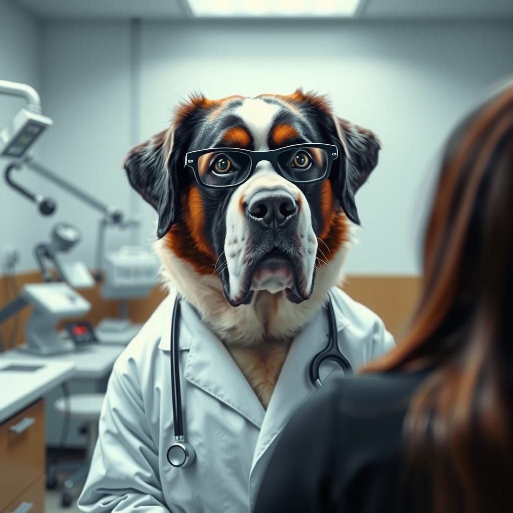 Anthropomorphic Saint Bernard Doctor Examines Patient in Hyp...