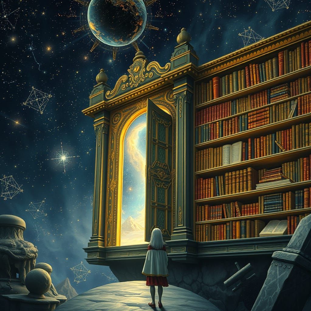 Create an image of a celestial library floating among the stars, filled with ancient tomes bound in starlight and illumi...