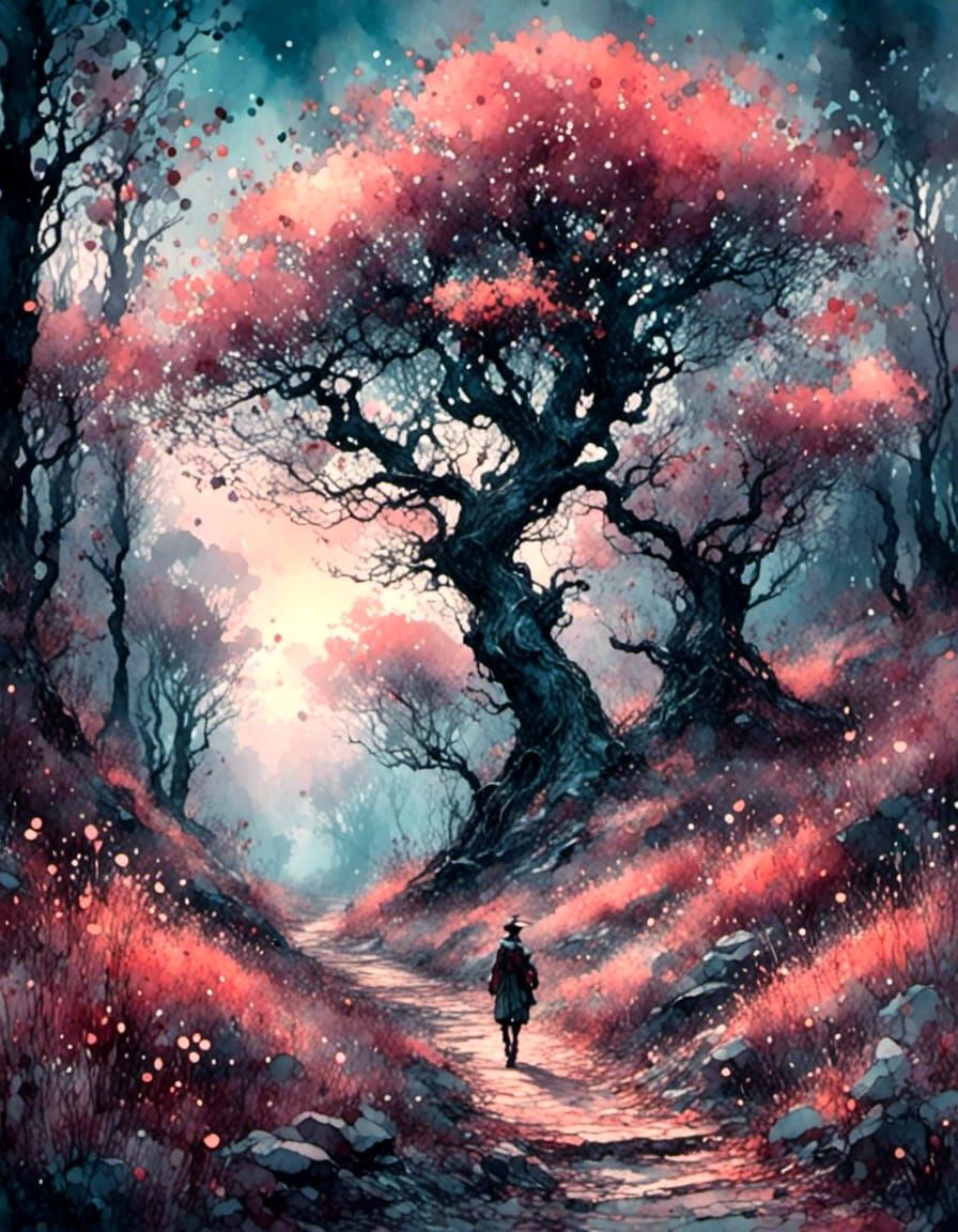 Pastel Forest Twilight Watercolor Painting