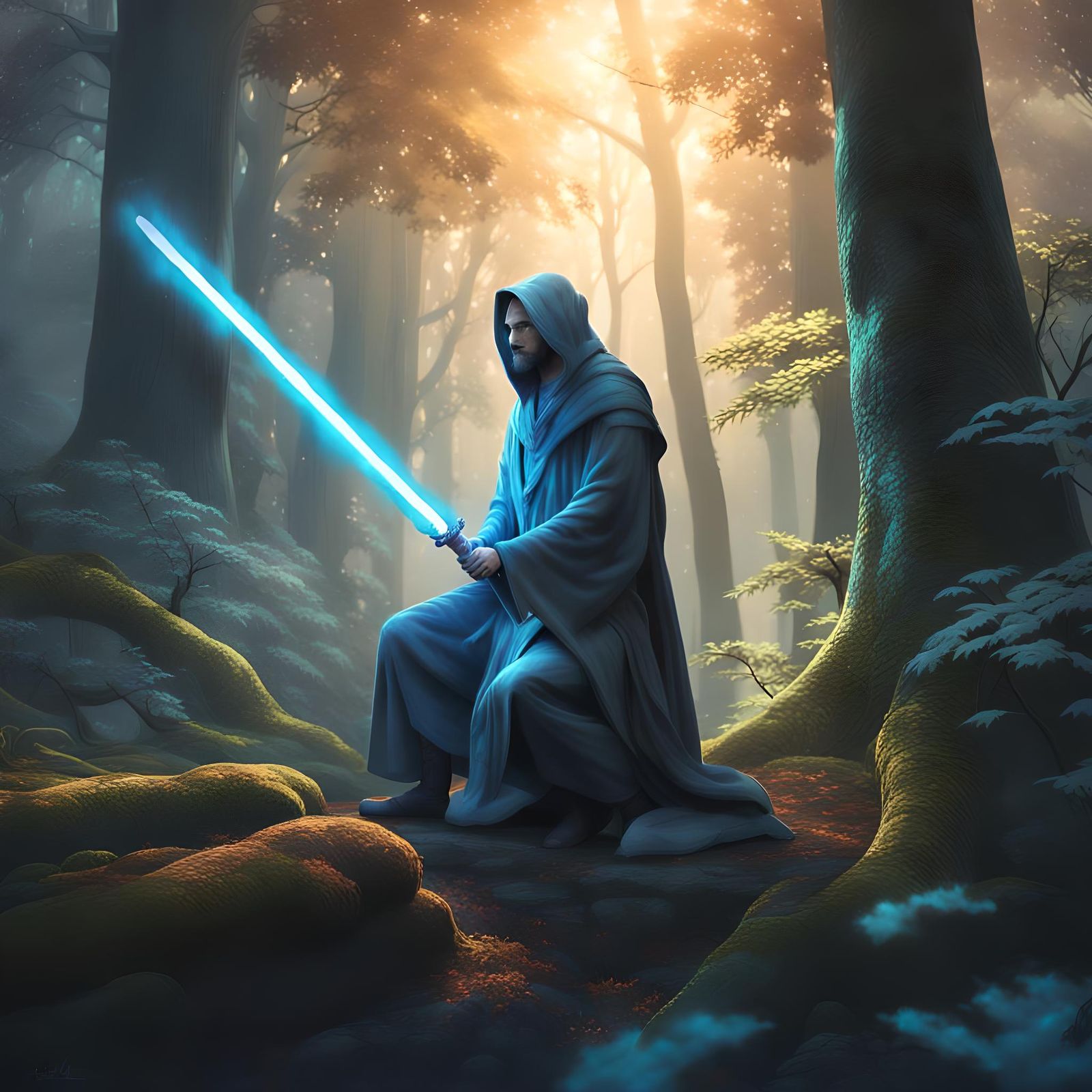 Grey Jedi in Detailed Matte Painting Style