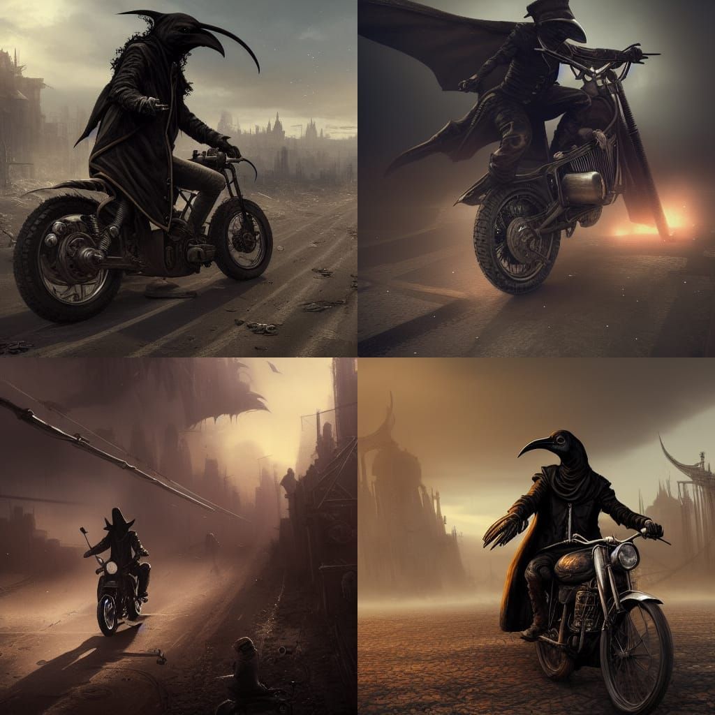 Plague Doctor Rocker Rides Through Wasteland: Digital Art