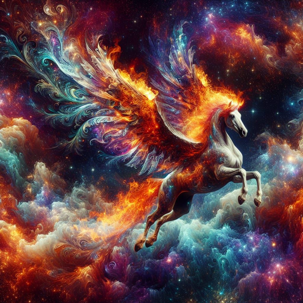 Fiery Winged Horse Soaring Through Iridescent Cosmos