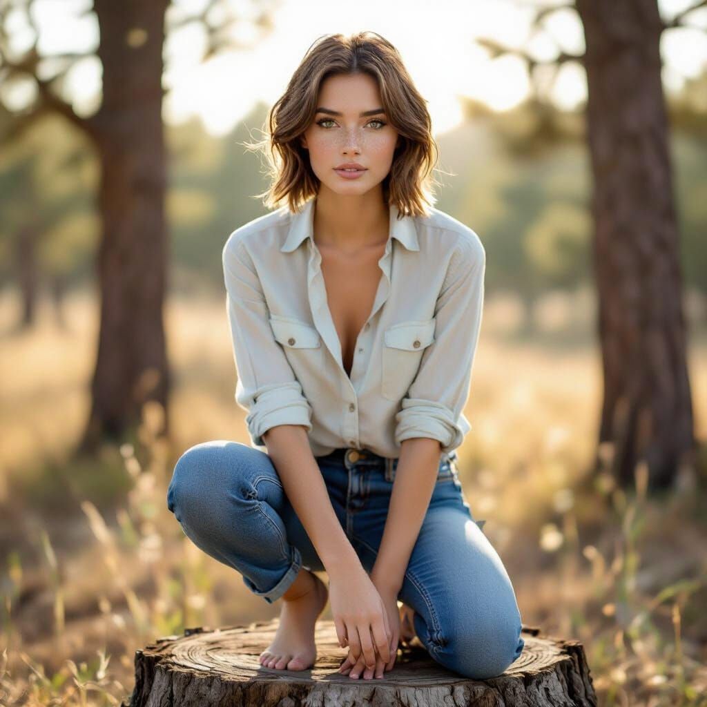 Young Woman Kneeling on Tree Stump in Soft Light