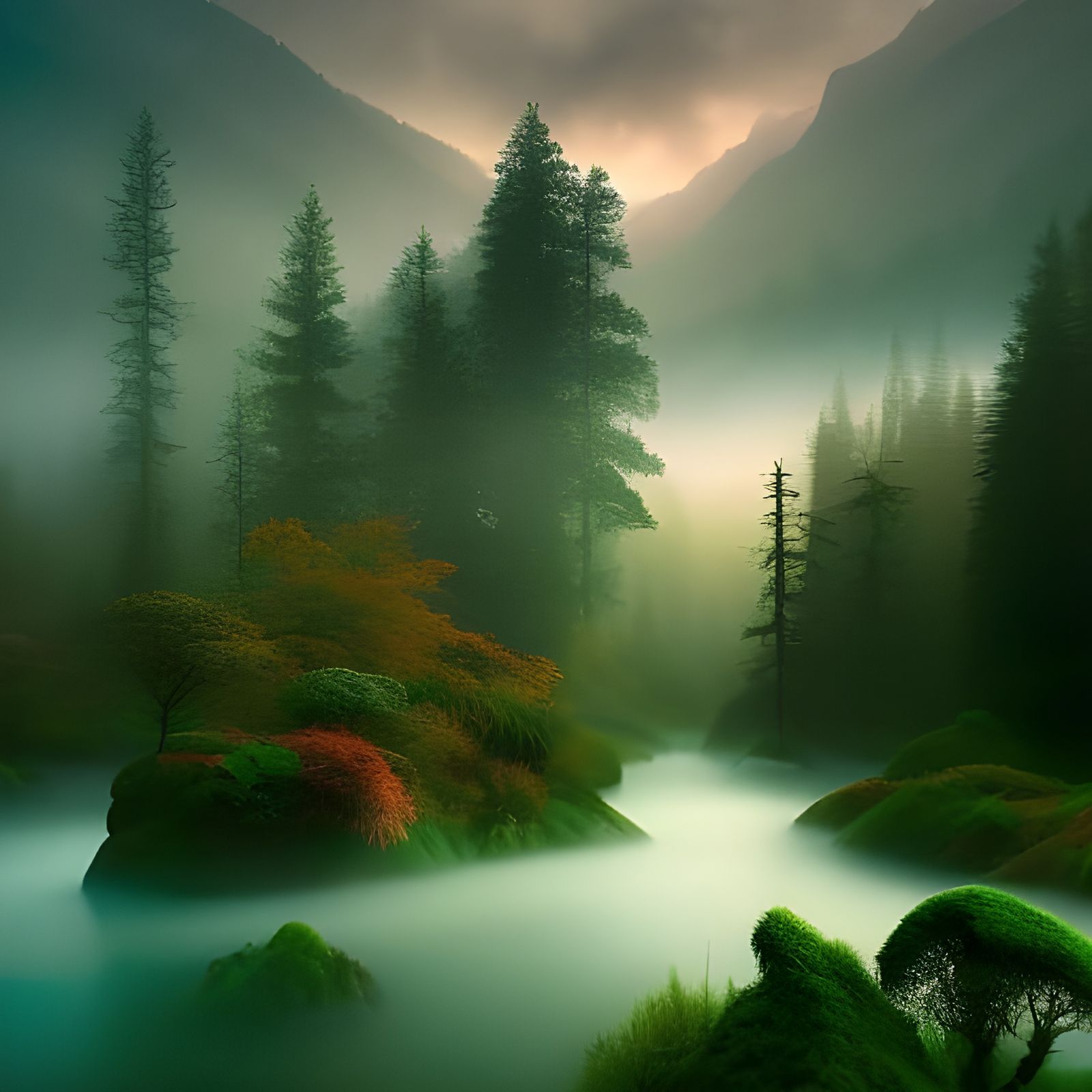 Ethereal Misty Forest Fantasy in Matte Painting Style