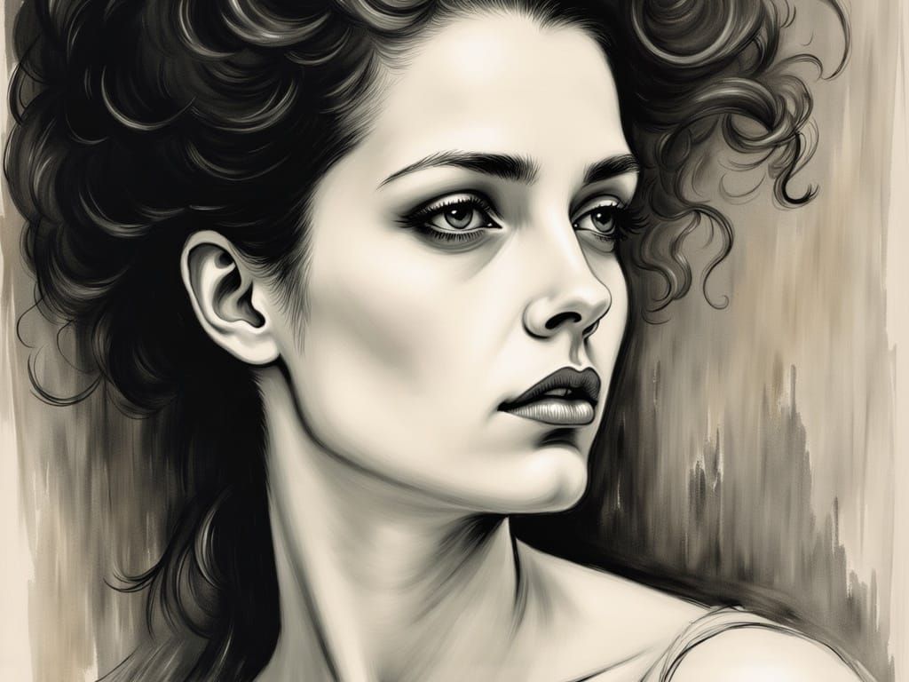 Woman with Tired Eyes in Vintage Ink Sketch Style