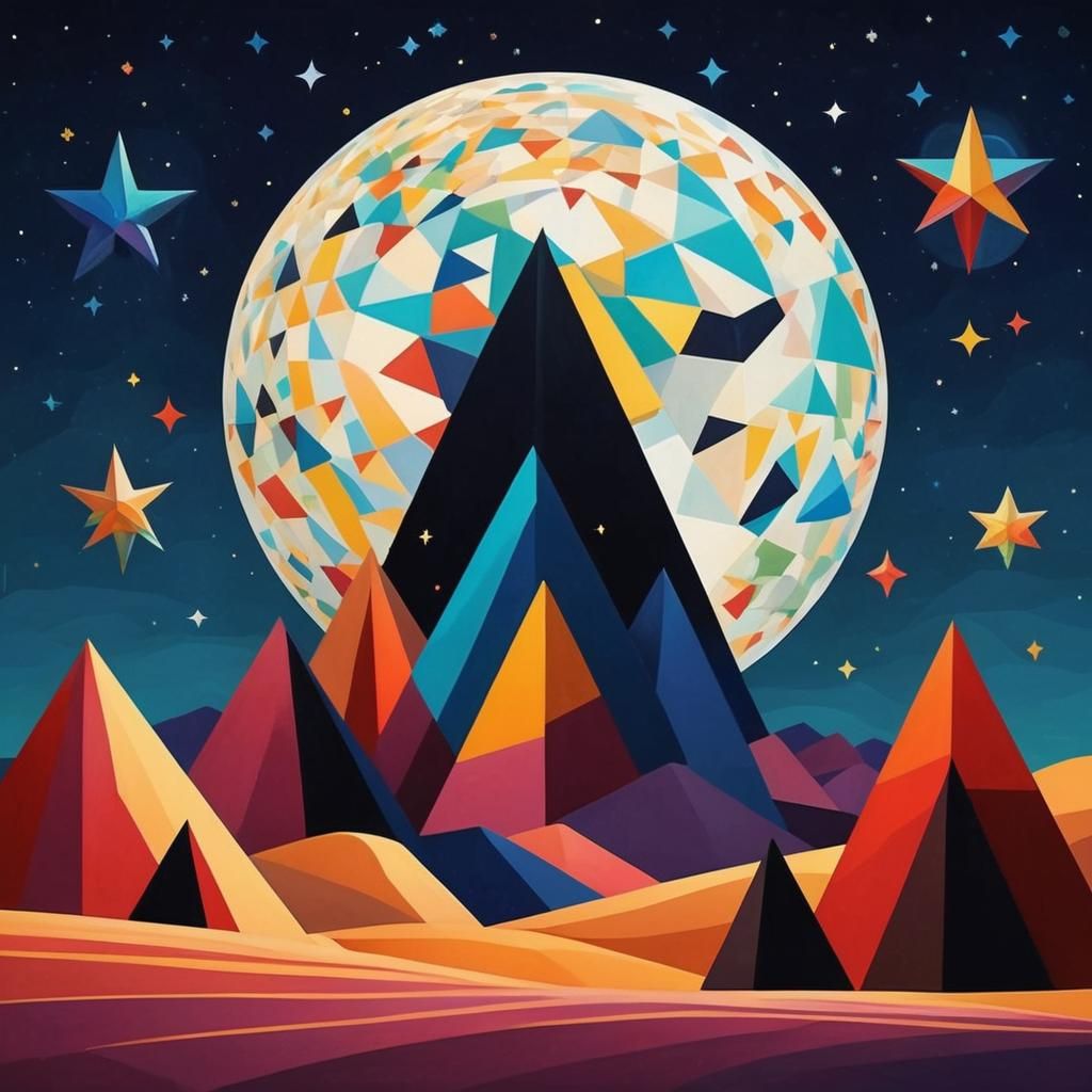Desert Night: Full Moon in Cubist Style