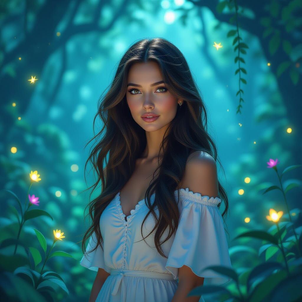 Bioluminescent Forest Scene with Woman, Cinematic Style