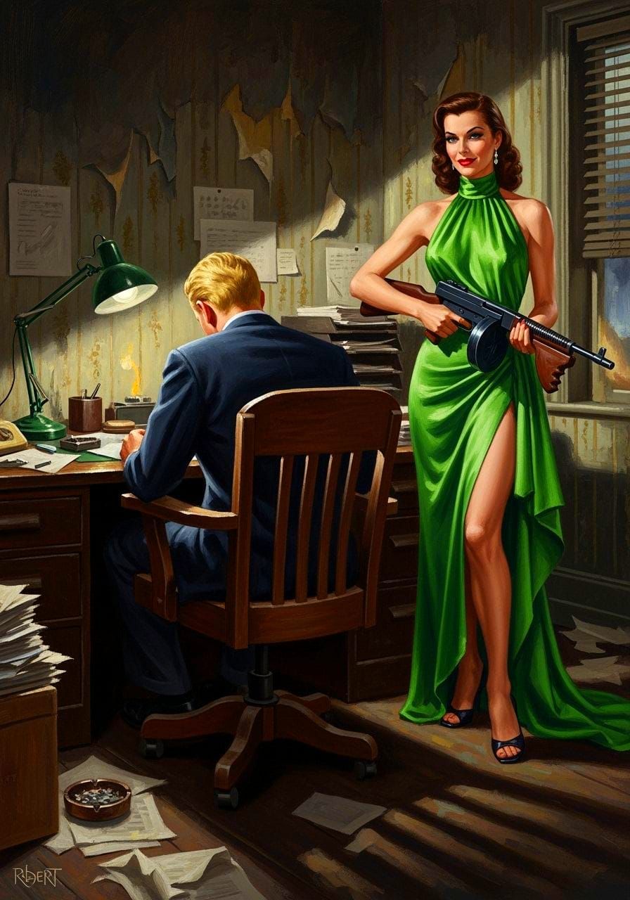 Film Noir Woman with Thompson Gun, Impressionism