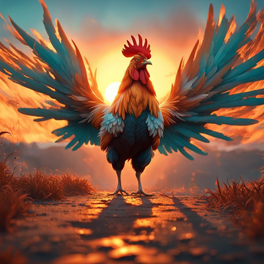 Rooster's Blazing Sunrise Stance: Dynamic Concept Art