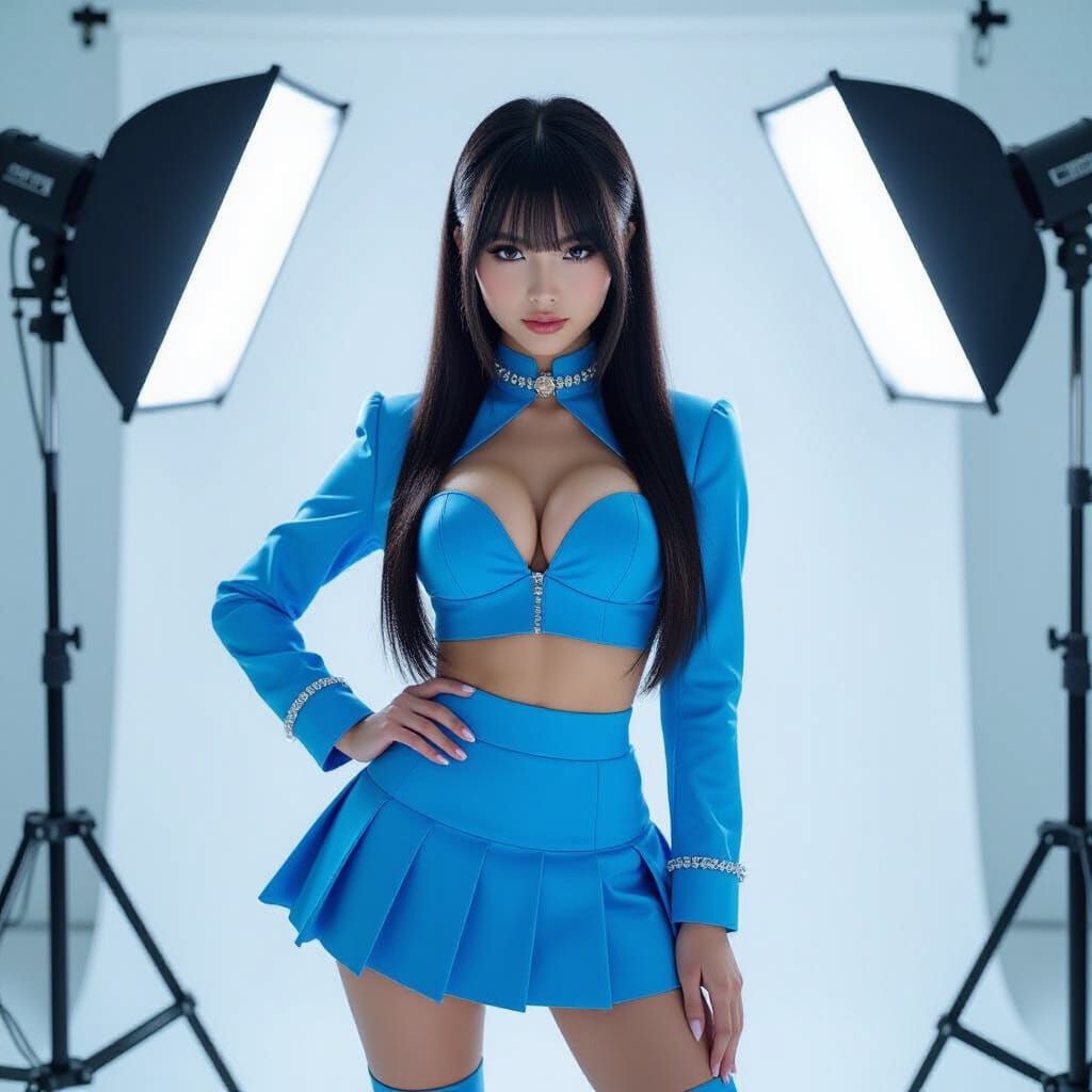 Japanese Pop Idol in Blue Outfit, Minimalist Studio