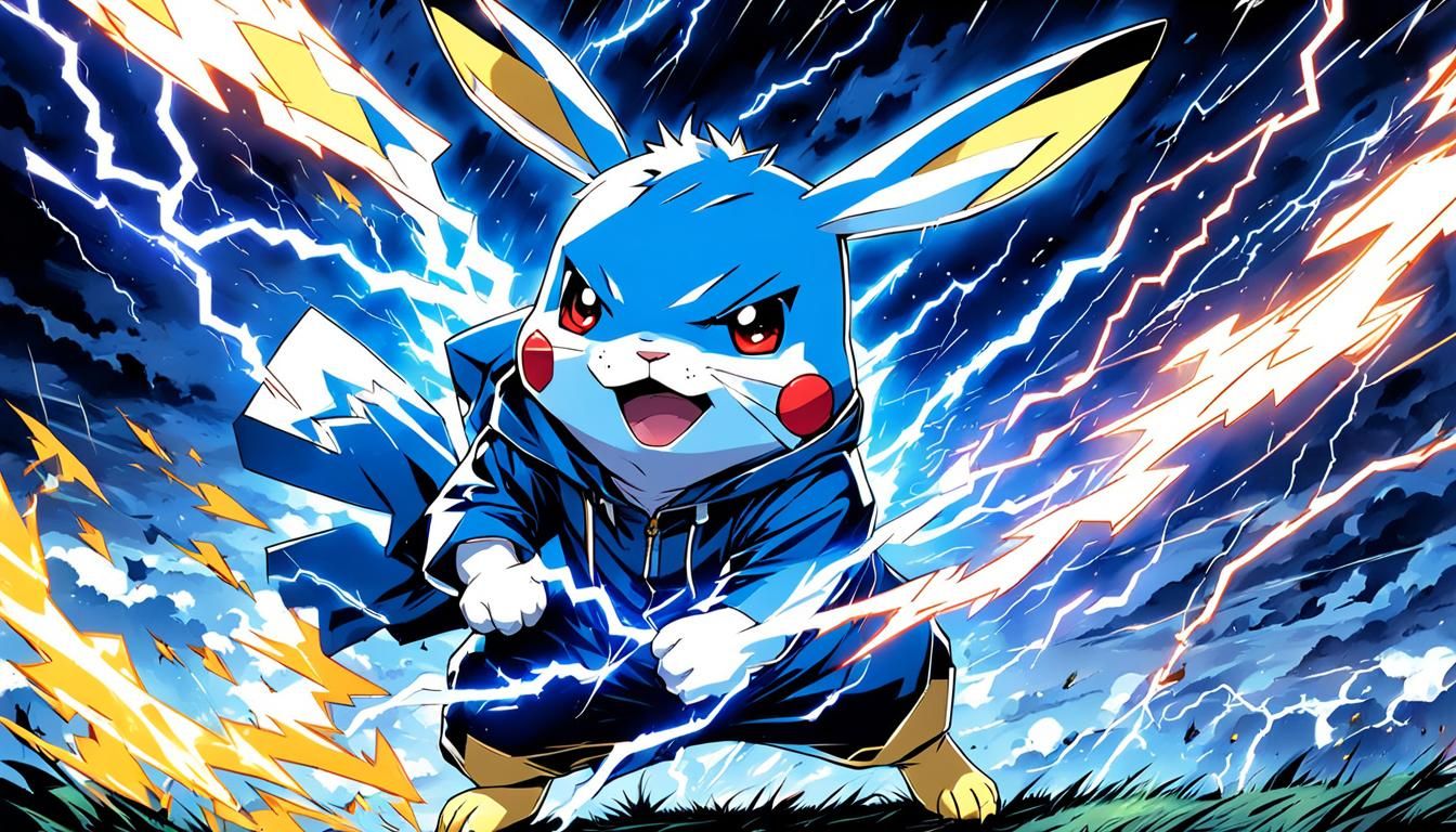 Rabbit Pikachu Throws Lightning in Anime Style