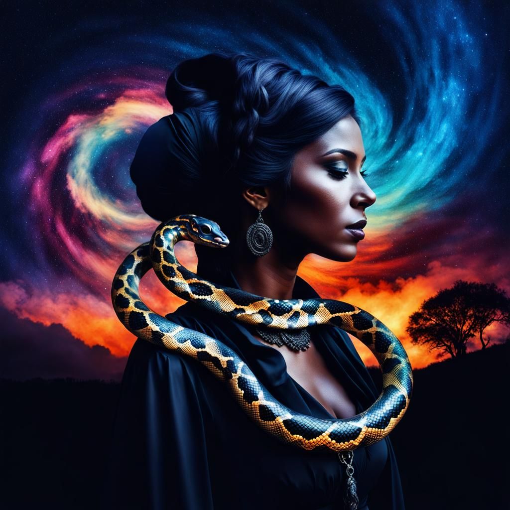 Witch Silhouette with Python in Hyperrealistic Galaxy