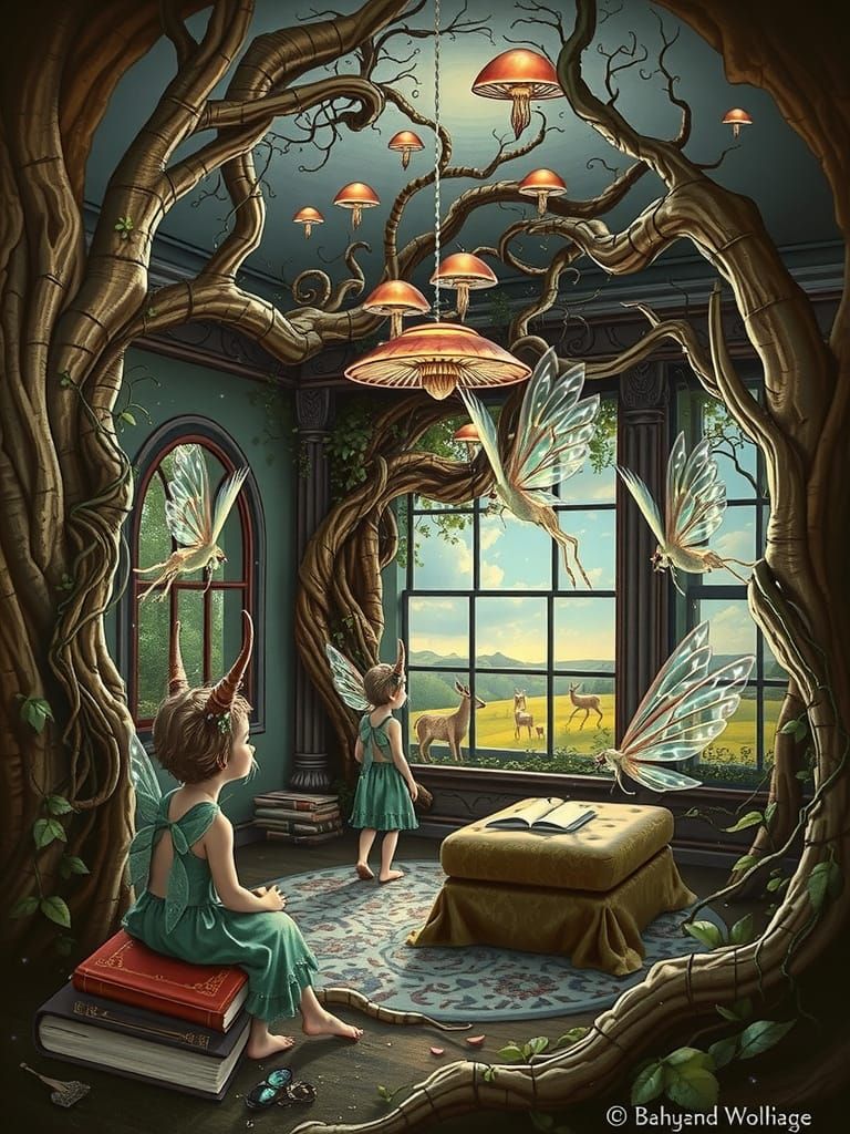 A surreal scene of two mystical fairy children sitting beside a large picture window, looking outside, their backs to th...