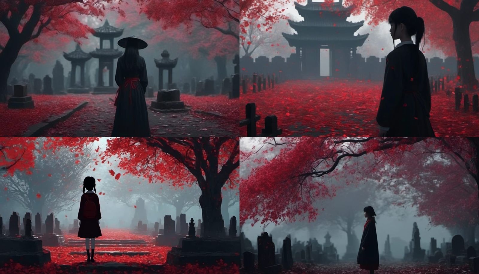 Manga Schoolgirl in Misty Graveyard Illustration