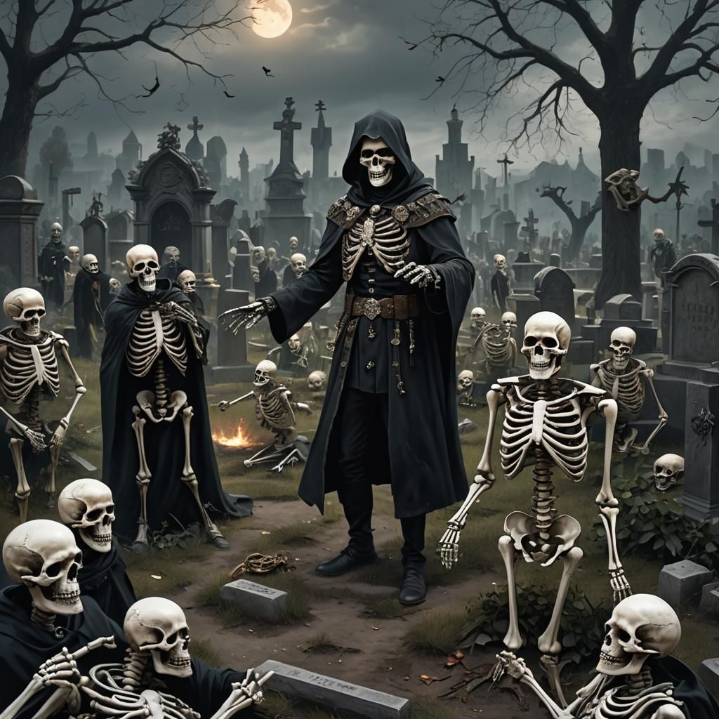 Necromancer Commands Skeleton Army in Cemetery