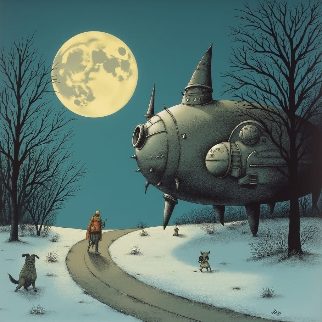 A Winter Morning Dog Walk Under a Full Moonlit Sky with an A...