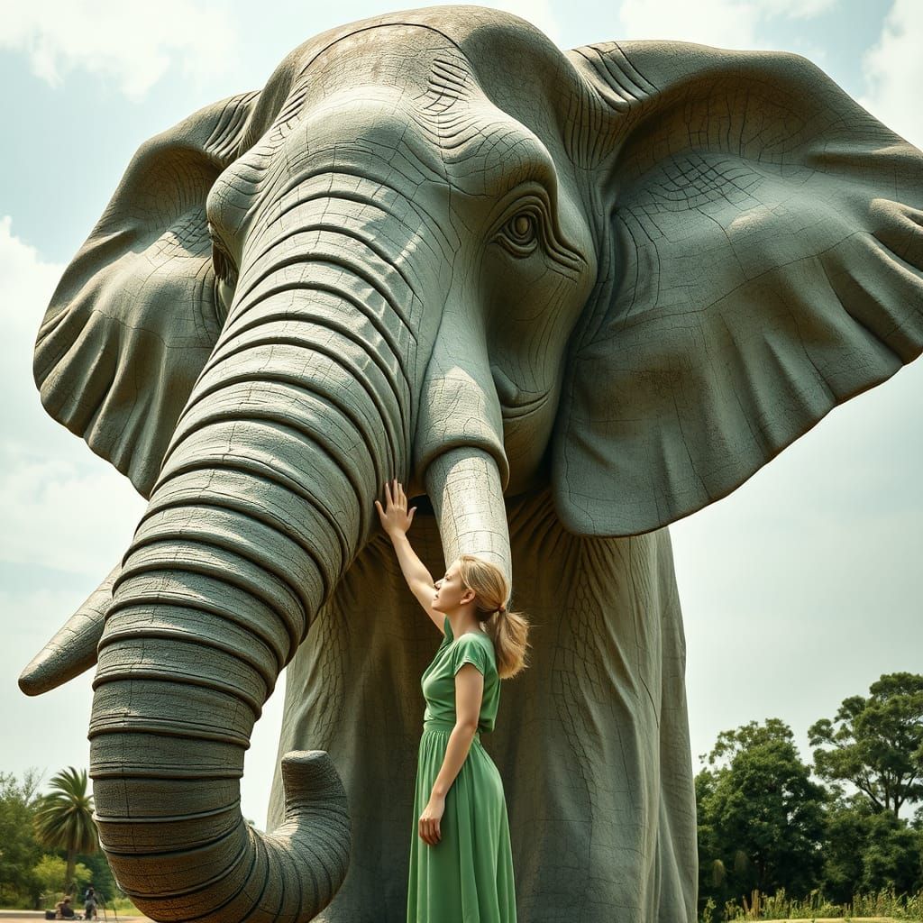 Green-Skinned Woman and Giant Elephant Sculpture