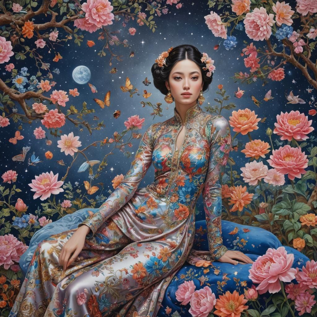 Elegant Woman with Floral Motifs Inspired by Raqib Shaw