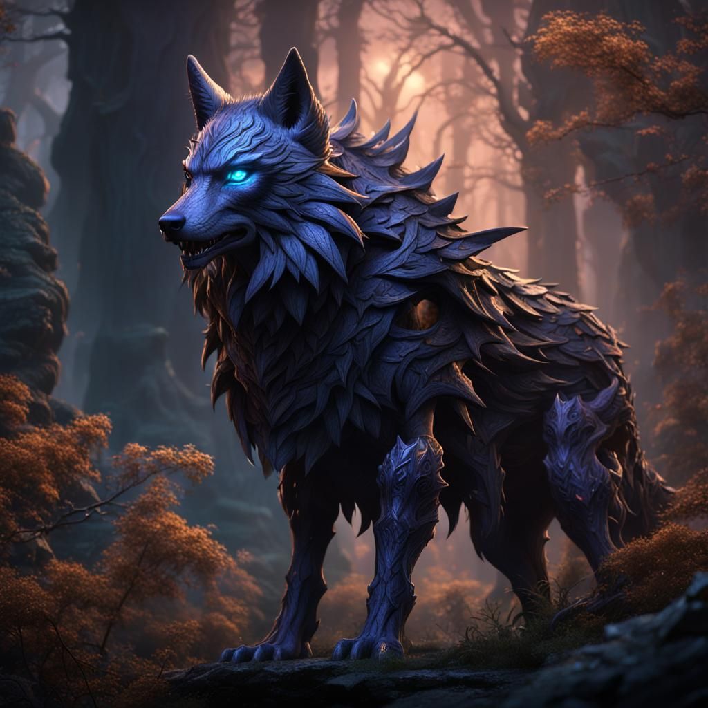 Dark Fairy and Wolf in Detailed Fantasy Art