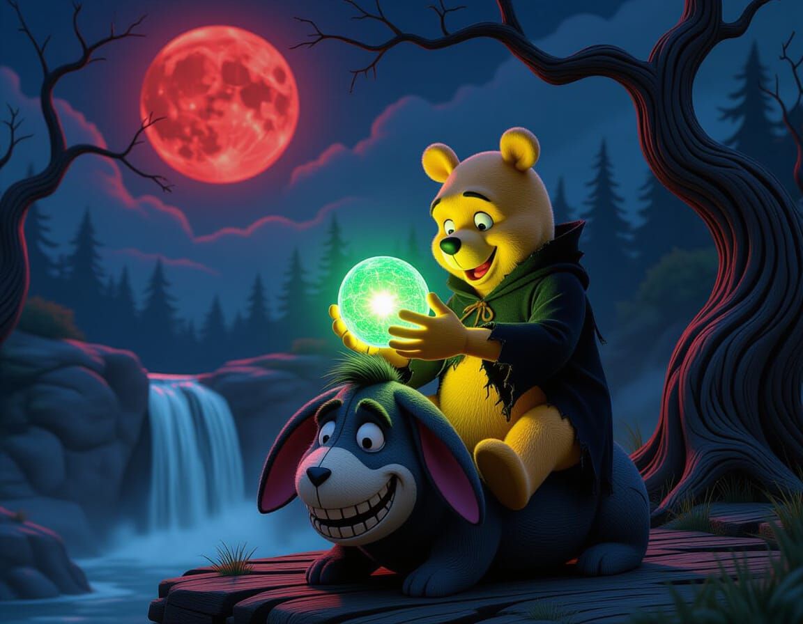 Skeletal Winnie the Pooh Holds Glowing Orb in Dark Whimsical...