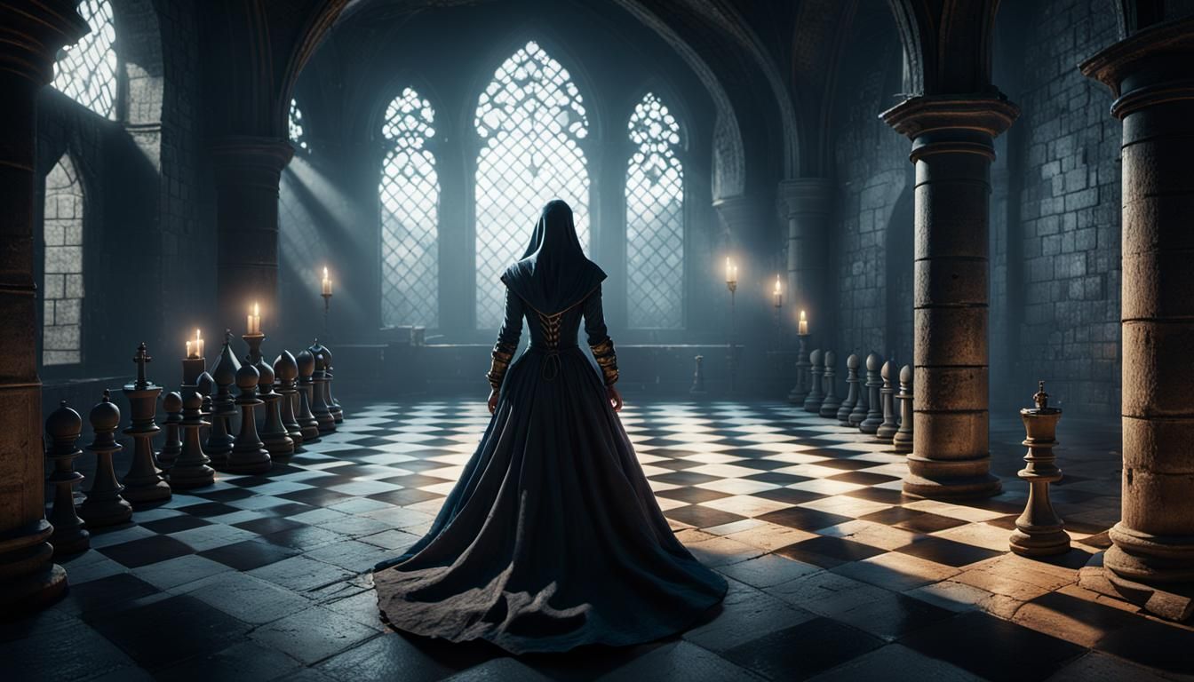 Veiled Woman on Chessboard in Abandoned Castle