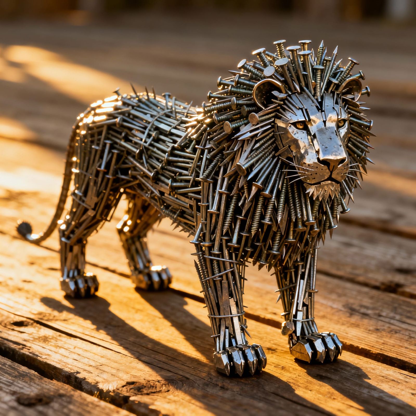 Lion Sculpture Made of Nails and Screws in Golden Hour Light