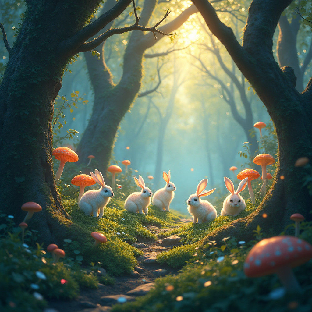 Iridescent Winged Rabbits in Bioluminescent Forest