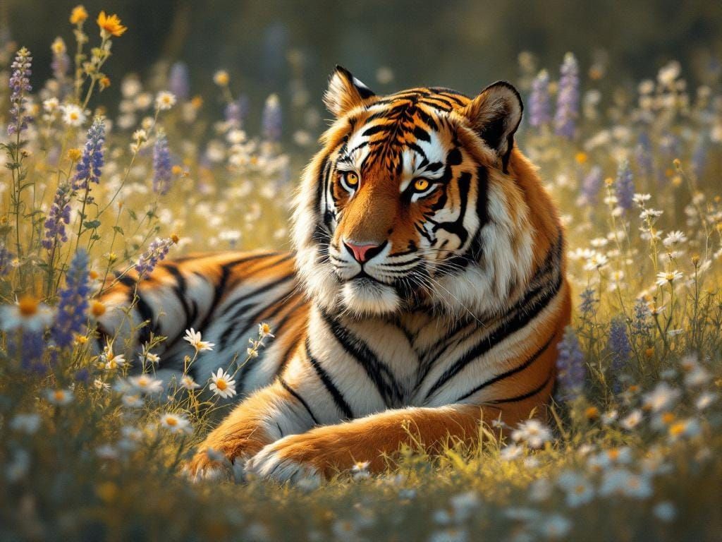 Majestic Tiger in Wildflower Meadow, Storybook Illustration