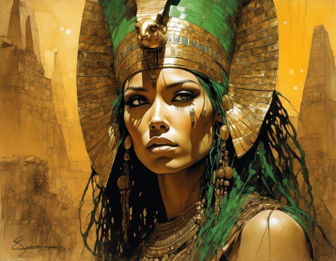 Egyptian Goddess with Green Eyes in Sepia Tones
