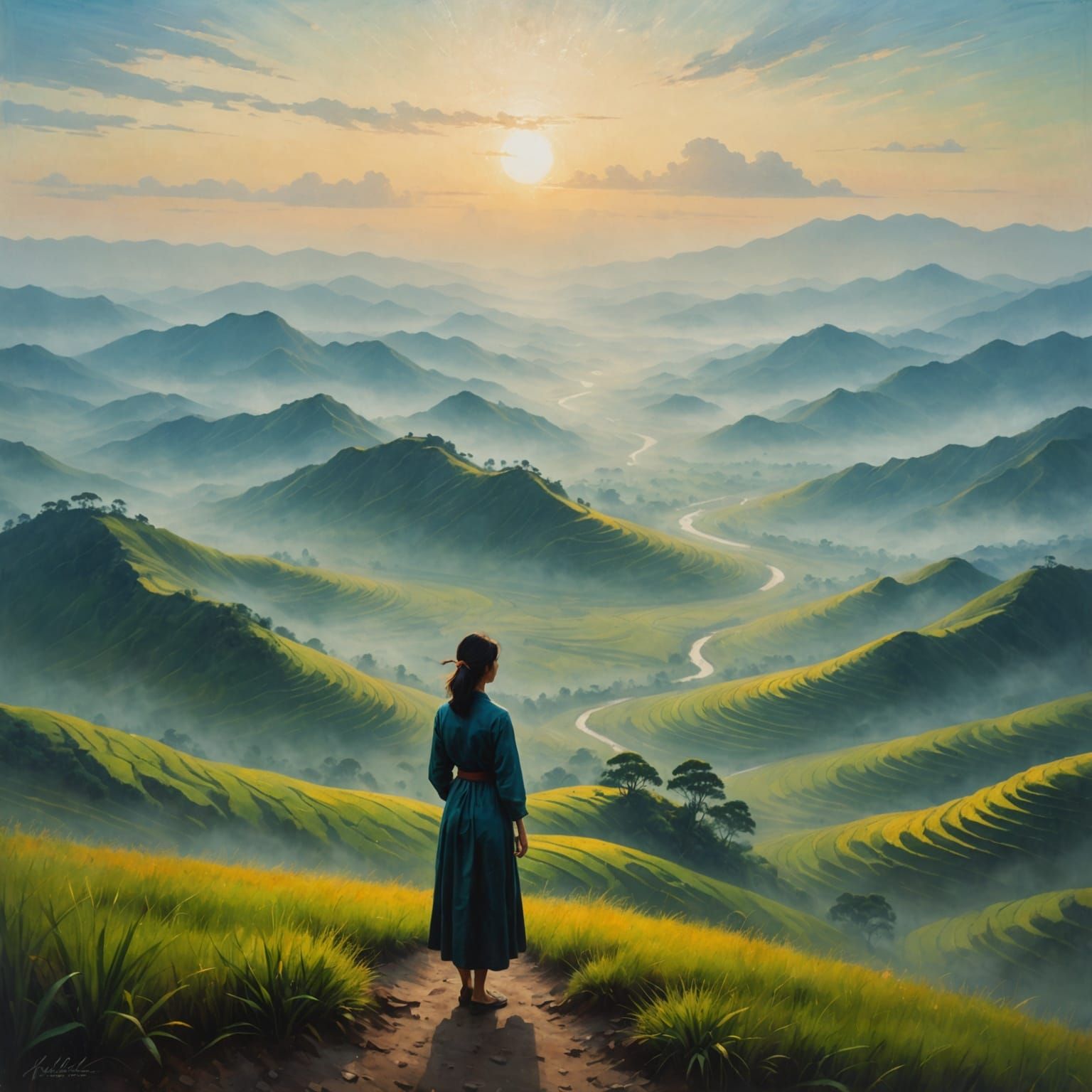 Surreal Woman in Misty Valley Oil Painting