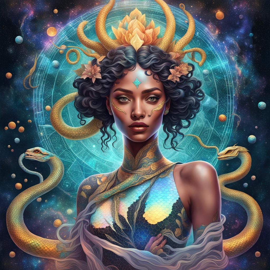 Cosmic Serpent Girl: Mythical Astral Illustration