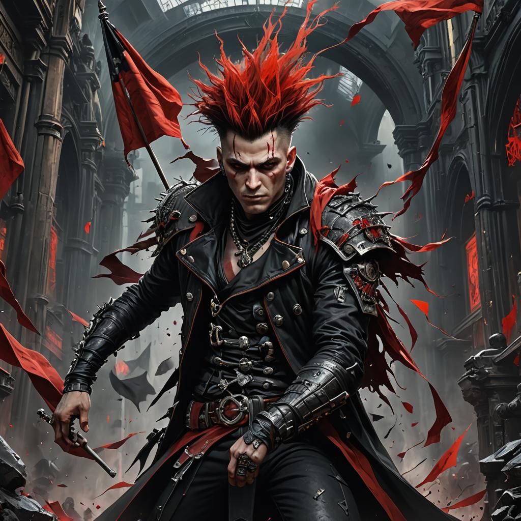 Punk Man with Flag in Dark Fantasy Style