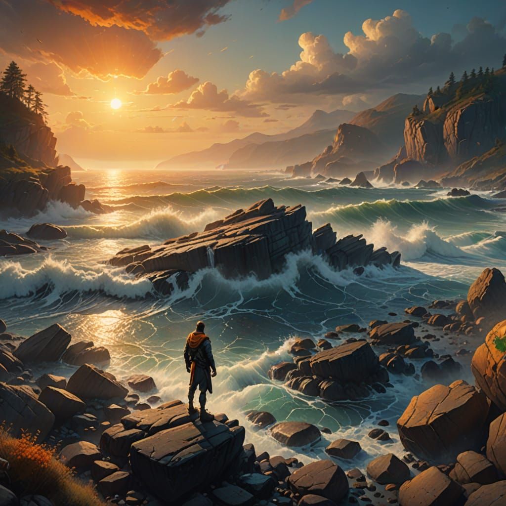 Fantasy Figure on Rocky Shoreline in Oil Painting Style