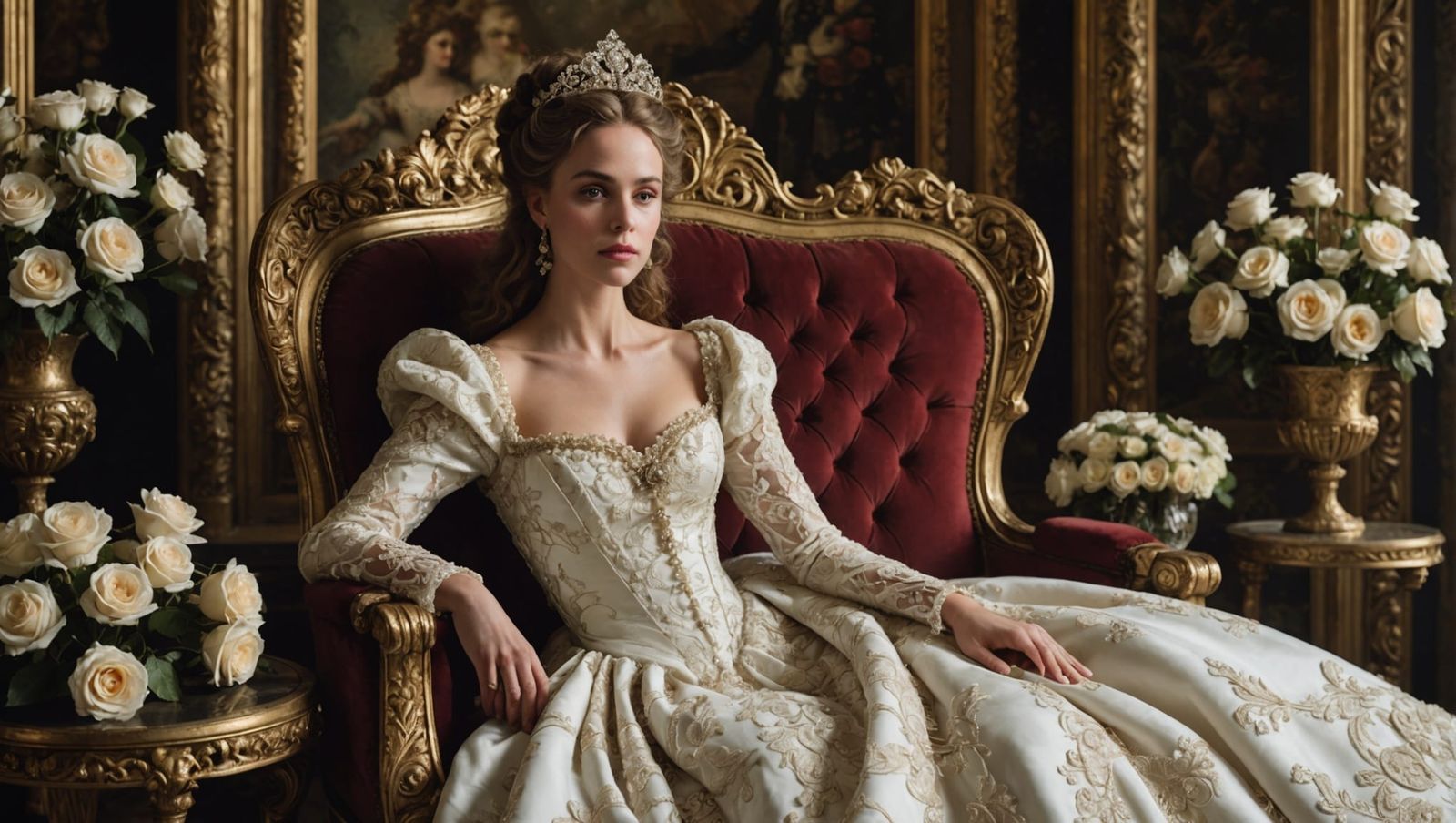 Regal Woman in Rococo Gown on Gilded Throne